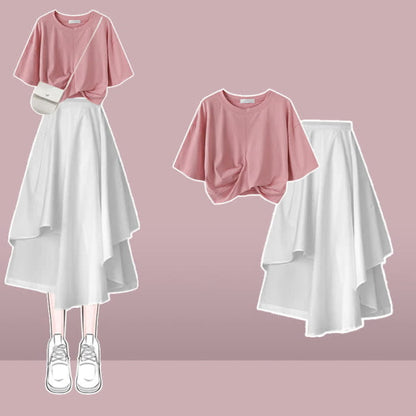 Bow Round Collar Bowknot Crop T-Shirt Irregular Skirt - Set