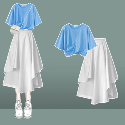 Bow Round Collar Bowknot Crop T-Shirt Irregular Skirt - Set