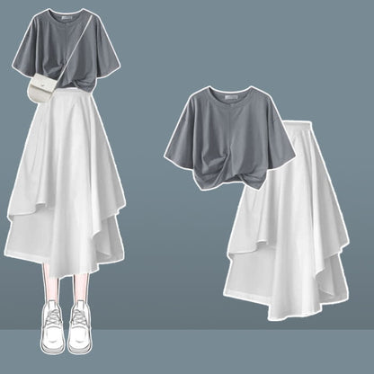 Bow Round Collar Bowknot Crop T-Shirt Irregular Skirt - Set