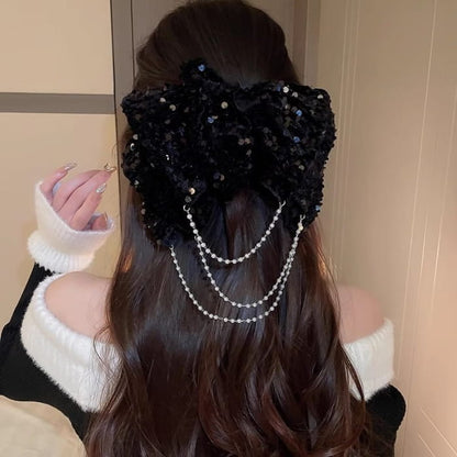 Bow Sequin Chained Hair Claw