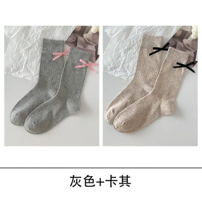 Bow Socks Set - of 2 - Gray & Khaki / One Size