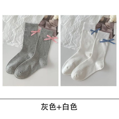 Bow Socks Set - of 2 - Gray & White / One Size