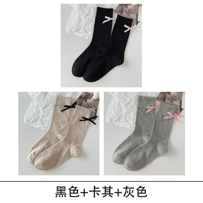 Bow Socks Set - of 3 - Black & Khaki Gray / One Size