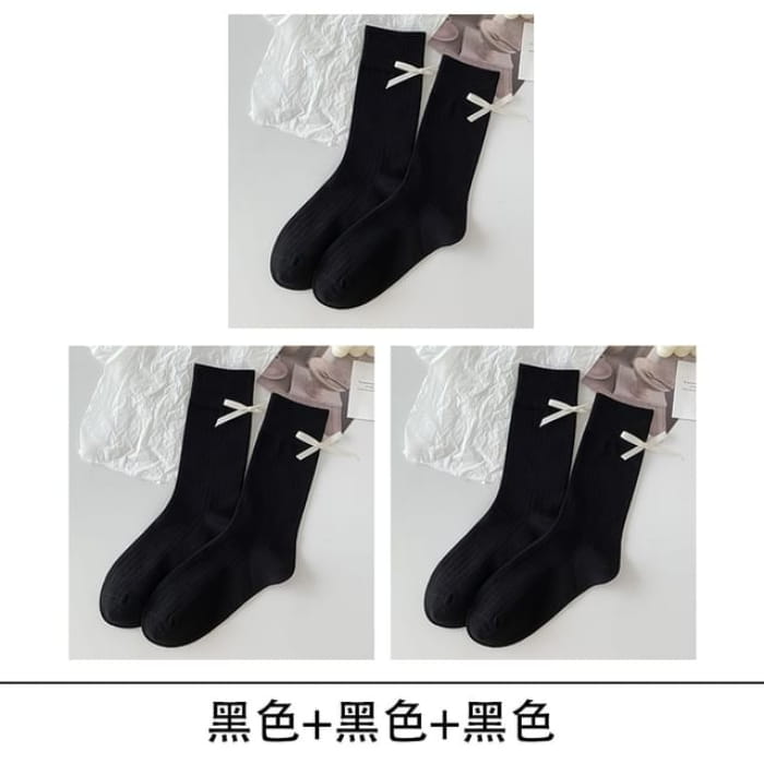 Bow Socks Set - of 3 - Black / One Size