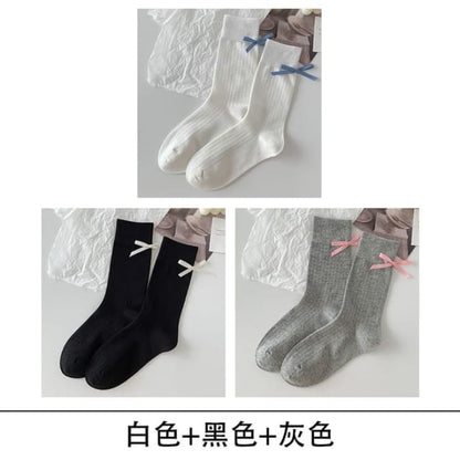 Bow Socks Set - of 3 - White & Black Gray / One Size