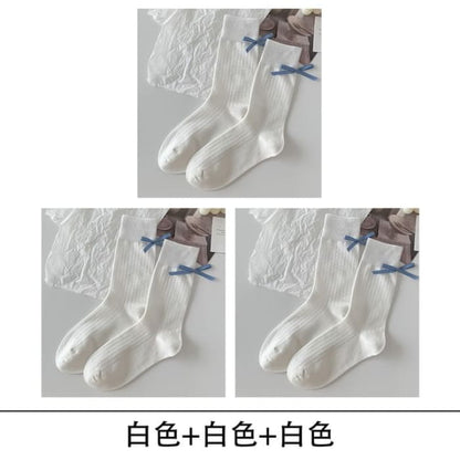 Bow Socks Set - of 3 - White / One Size