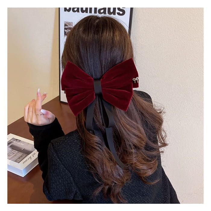 Bow Velvet Hair Clip - 1 Pc - B18 - Wine Red / One Size