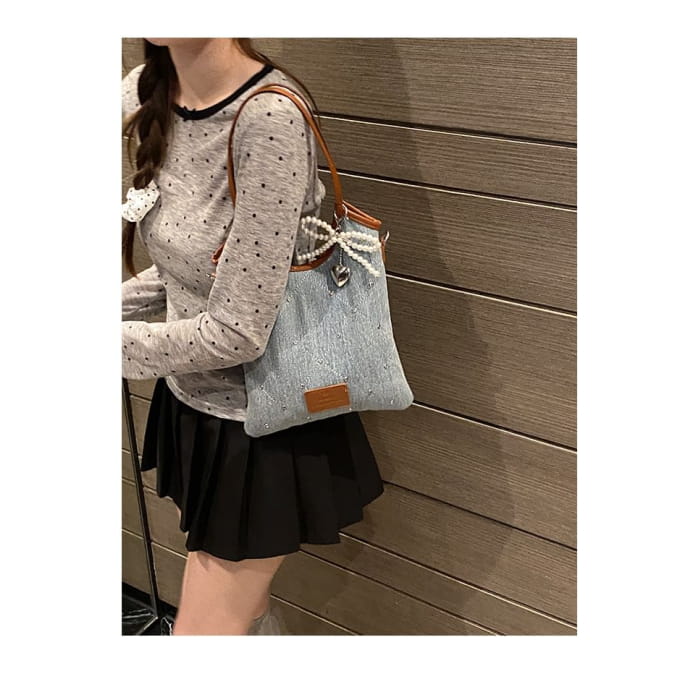 Bow Washed Denim Shoulder Bag