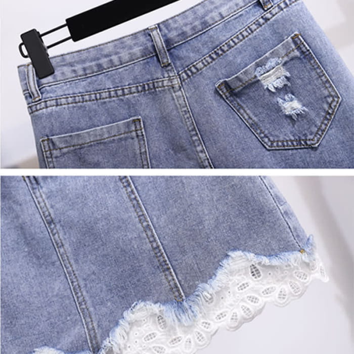 Bowknot Knitted T-Shirt High Waist Denim Skirt