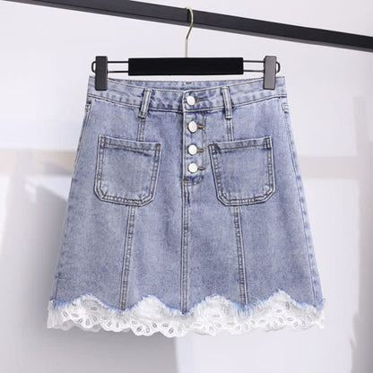 Bowknot Knitted T-Shirt High Waist Denim Skirt - Blue / S