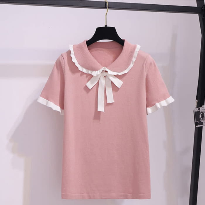 Bowknot Knitted T-Shirt High Waist Denim Skirt - Pink