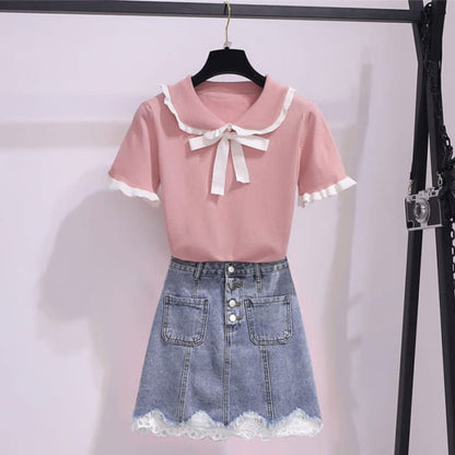 Bowknot Knitted T-Shirt High Waist Denim Skirt - Pink