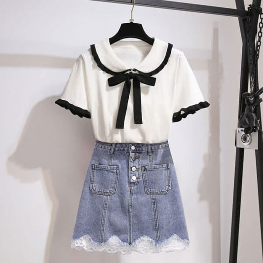 Bowknot Knitted T-Shirt High Waist Denim Skirt - White