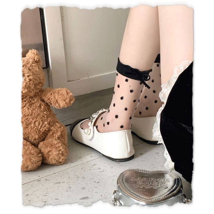 Bowknot Polka Dot Sheer Socks - Dotted - Black / One Size