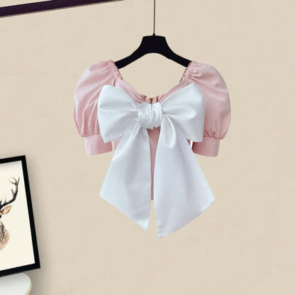 Bowknot Puff Sleeve T-Shirt High Waist Ruffled Skirt - Pink