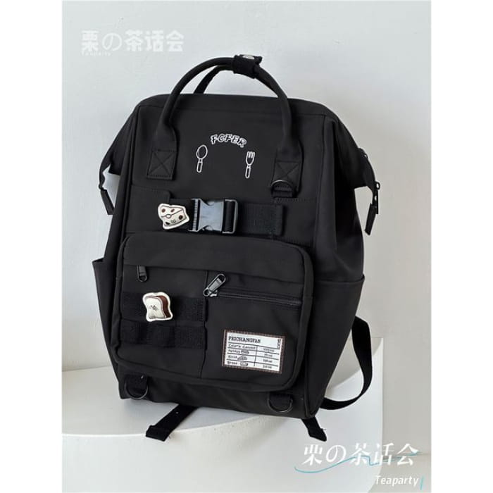 Bread Embroidered Top Handle Backpack / Charm / Set - Black