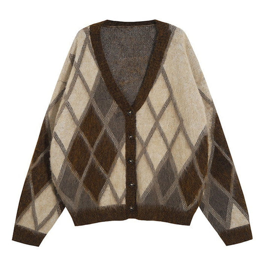 Brown Argyle Fuzzy Cardigan - Free Size / Sweater