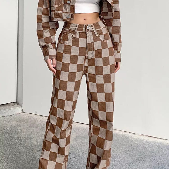 Brown Checkered Jeans