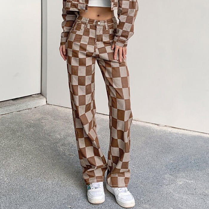 Brown Checkered Jeans