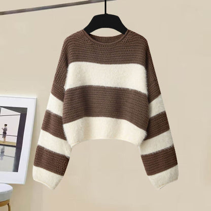 Brown Colorblock Stripe Sweater Plaid Print Skirt - M