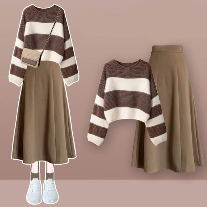 Brown Colorblock Stripe Sweater Plaid Print Skirt - Set C