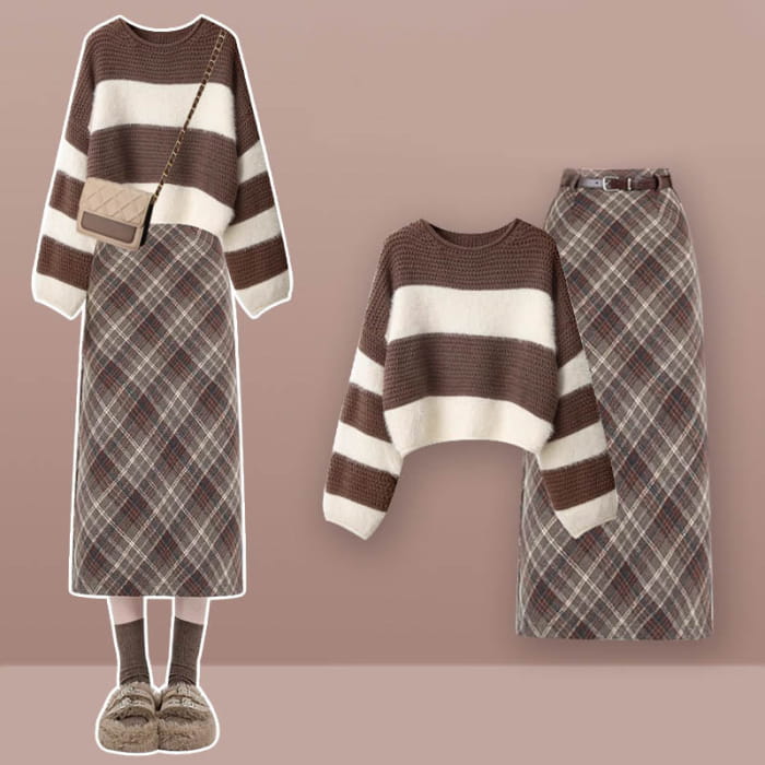 Brown Colorblock Stripe Sweater Plaid Print Skirt - Set D