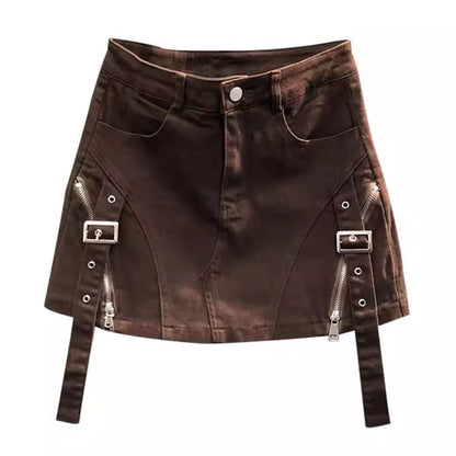 Brown Denim Buckle Skirt - S