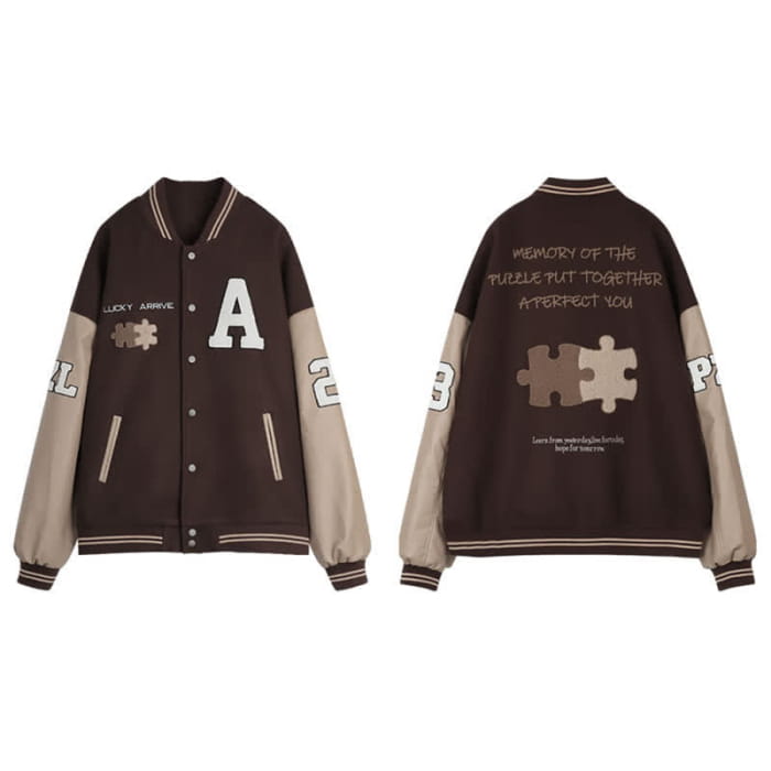 Brown Letter Baseball Jacket Pleated Skirt Set