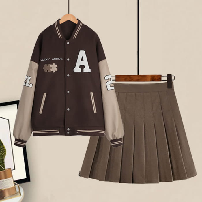 Brown Letter Baseball Jacket Pleated Skirt Set - M