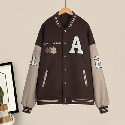 Brown Letter Baseball Jacket Pleated Skirt Set - M