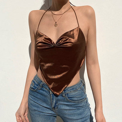 Brown Satin Scarf Top - Tops