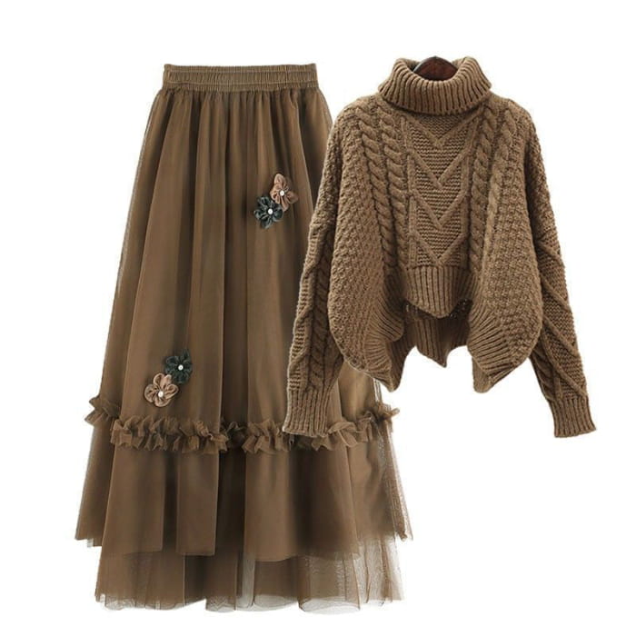 Brown Turtleneck Sweater Blossom Decor Tulle Skirt Set