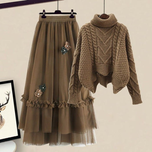 Brown Turtleneck Sweater Blossom Decor Tulle Skirt Set