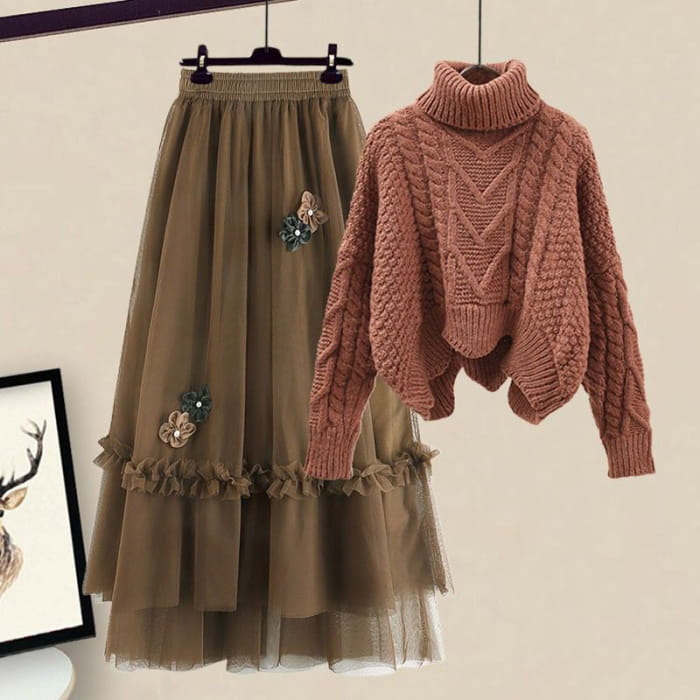 Brown Turtleneck Sweater Blossom Decor Tulle Skirt Set