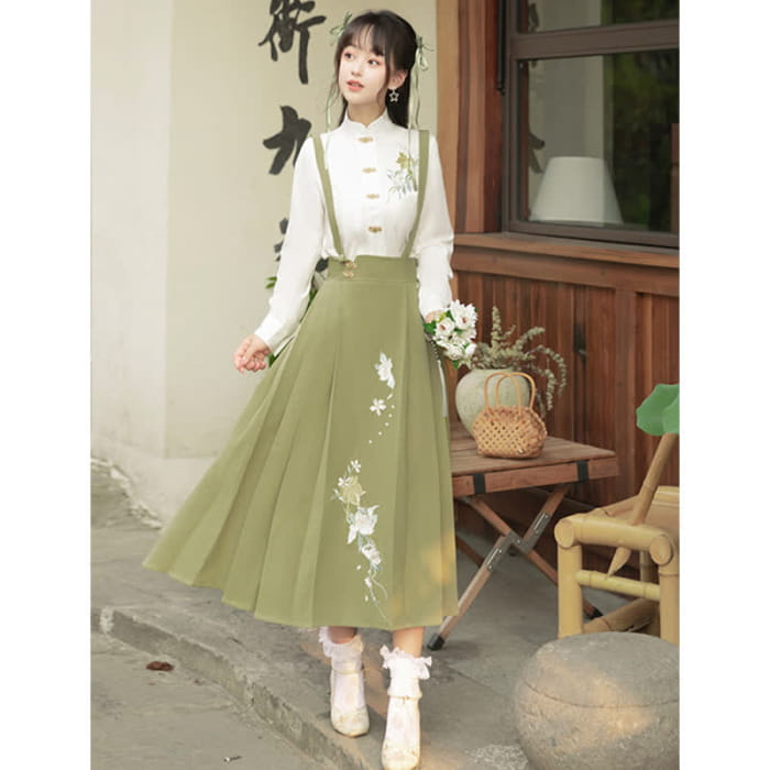 Buckle Floral Embroidery Green Dress Set