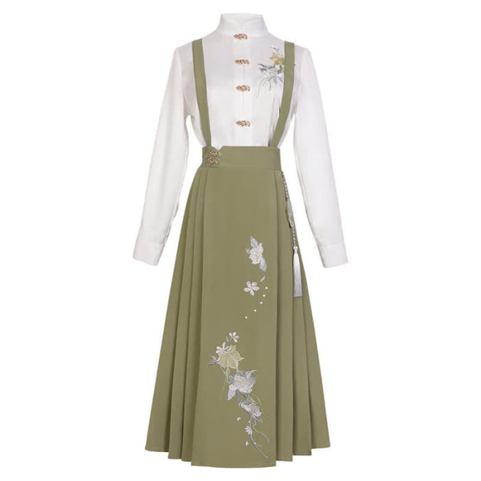 Buckle Floral Embroidery Green Dress Set - M