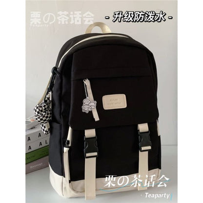 Buckle Waterproof Backpack - With Knotted Charm - Black