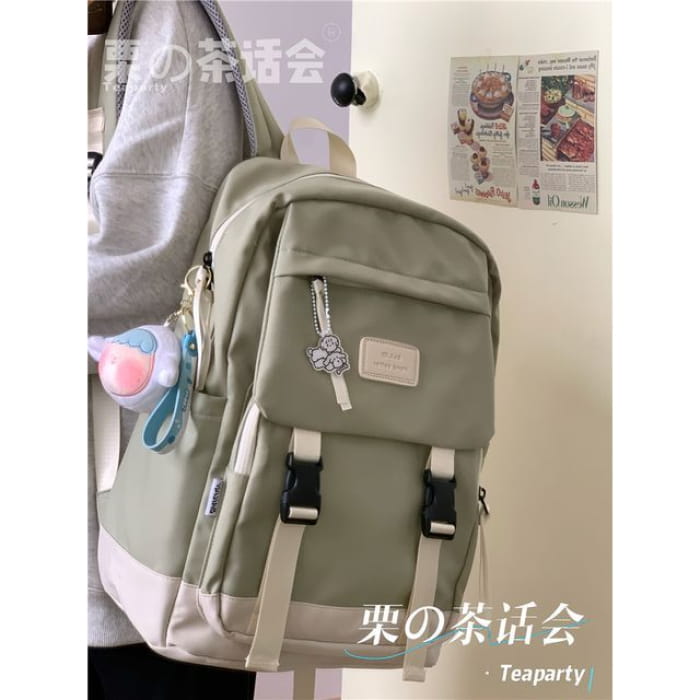 Buckle Waterproof Backpack - With Sheep Charm - Light Green