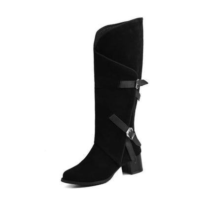 Buckled Asymmetrical Chunky Heel Tall Boots - Black / 34