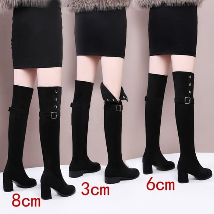 Buckled Chunky Heel Over-The-Knee Boots - 8cm - With Lining