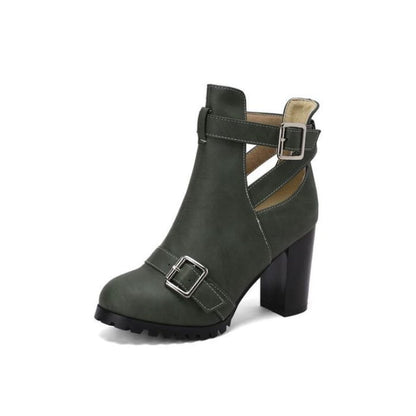 Buckled Cutout Chunky Heel Ankle Boots - Green / 35