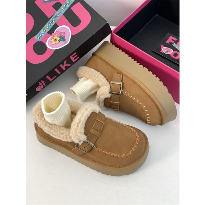 Buckled Fluffy Trim Platform Loafers