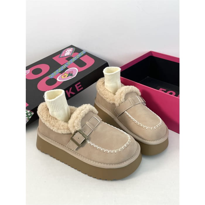 Buckled Fluffy Trim Platform Loafers