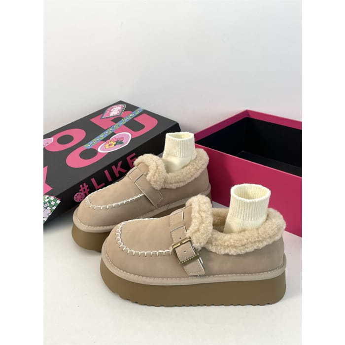 Buckled Fluffy Trim Platform Loafers