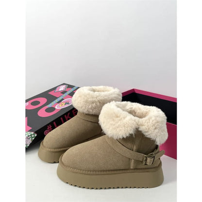 Buckled Fluffy Trim Platform Short Boots