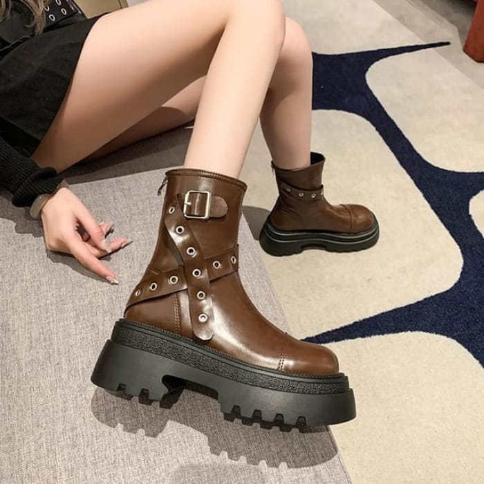 Buckled Platform Boots - Brown / 35 - Shoes