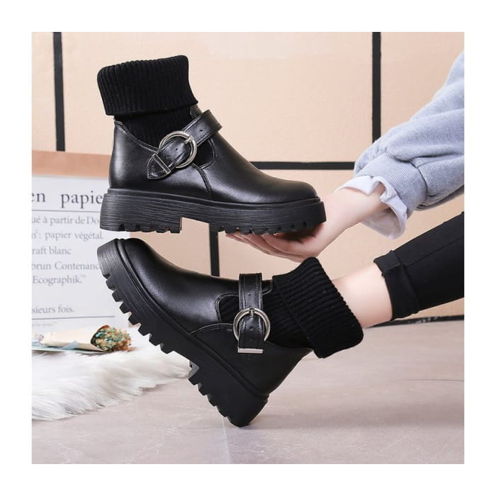 Buckled Platform Chunky Heel Boots - Shoes