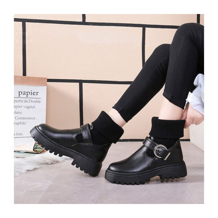 Buckled Platform Chunky Heel Boots - Shoes