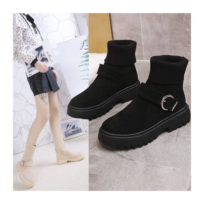 Buckled Platform Chunky Heel Boots - Shoes