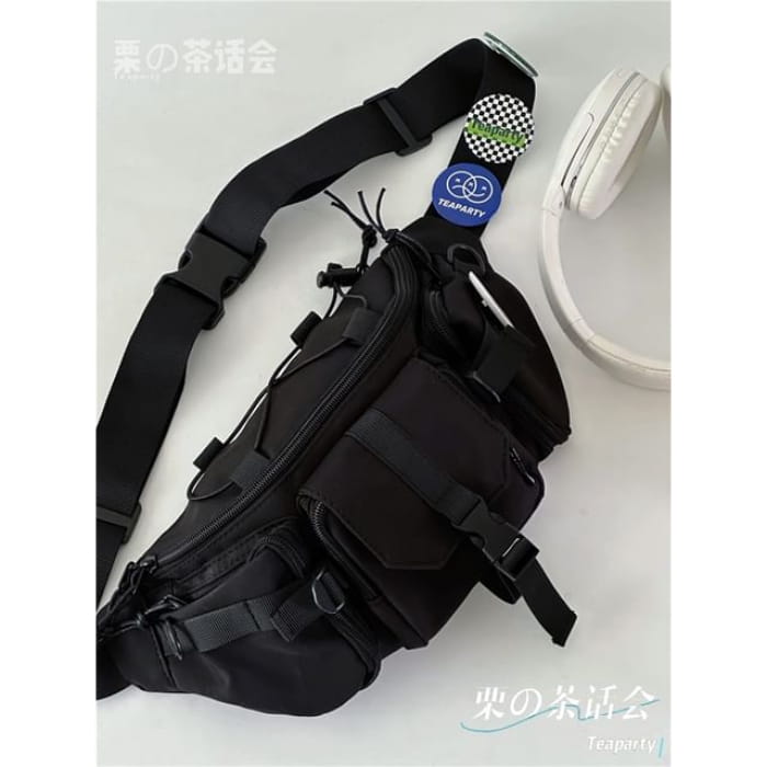 Buckled Waist Bag / Charm / Set - Black / One Size